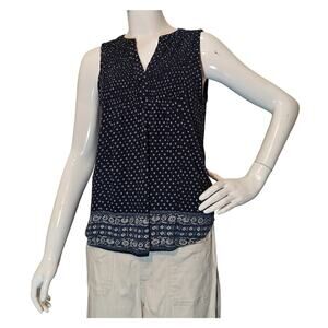 Lucky Brand Navy Boho Print Sleeveless Top Split Neck Flowy Size S